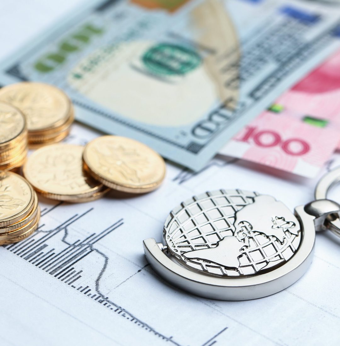 Coins, paper money and globe on white Statistic form background