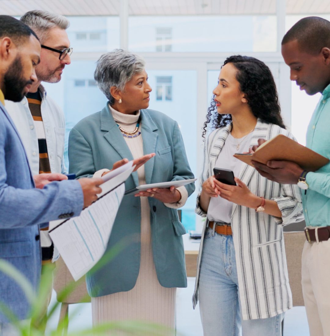 Collaboration discussion, tablet and business people, leader or team work on meeting report, results or project feedback. Cooperation, teamwork or office staff review research, design or startup plan.